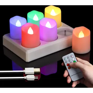 FREEPOWER 6er Wiederaufladbare LED Teelichter Bunt mit Ladestation und USB-Kabel, RGB Elektrische Aufladbare Akku Kerzen Flackern mit Fernbedienung Timer Dimmbar, Ø4 x 4,5cm
