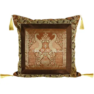 Stylo Culture Indische Dekorativ Brokat Seide Sofa Kissenbezüge 45x45 cm Kaffeebraun Dekokissen Jacquard Quasten Wohnzimmer Couch Kissenhülle Pfau Quadrat Reißverschluss 18x18 Kissen Bezüge - 1 STK.