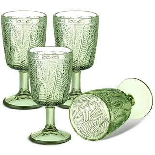 HZIYOU Grüne Weingläser im Vintage-Stil, 325 ml, farbiges Glas, geprägtes Blumenmuster, rutschfest, einzigartige Vintage-Gläser, Kelchgläser, Hochzeit, Party, Bar, Abendessen, Grün, 4 Stück