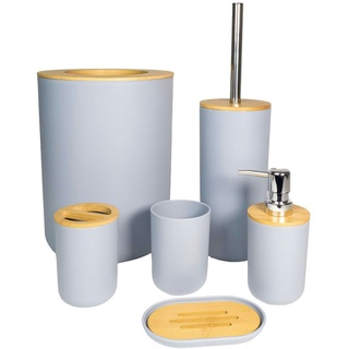 Intirilife Badezimmer Zubehör Set aus Bambus Kunststoff in Grau - 6 teiliges Set Zahnputzbecher Seifenschale Seifenspender Toilettenbürste Halterung Mülleimer