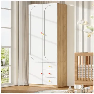 Merax Kinderkleiderschrank Kinder-Kleiderschrank, 3-türiger Kleiderschrank (1-St., mit 3 Schubladen) Kinderzimmer, Kinderzimmermöbel, Kleiderstange, Bunte Keramikgriffe weiß