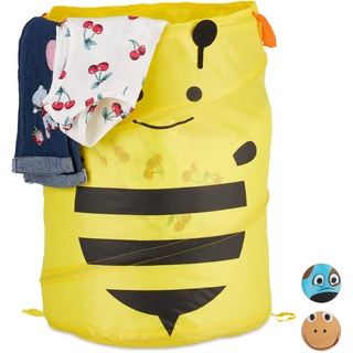 Relaxdays Pop-Up Wäschekorb für Kinder, Tiermotiv Biene, Faltbar, 39 l Stauraum, Aufbewahrungskorb HxD: 43 x 34 cm, gelb, Motiv