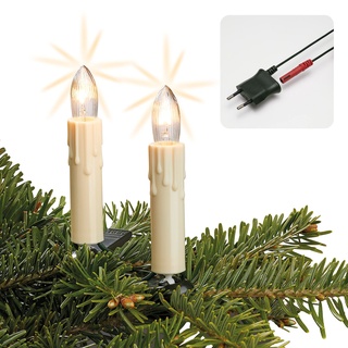 hellum Lichterkette Weihnachtsbaum Made-in-Germany Christbaumbeleuchtung Kerzen Lichterkette innen mit Clip, 20 Lichter, beleuchtet 1330cm, Kabel grün Schaft elfenbeinfarben mit Wachstropfen 812077