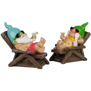formano 2er Set Gartenzwerg Liegestuhl lustige Gartenzwerge 26cm aus Kunststein handbemalt Gartendeko Figuren mit glänzender Oberfläche für Garten Terrasse Balkon, humorvolle Outdoor Gartenfiguren