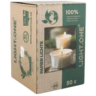 LIGHT.ONE, vegane Teelichter mit 100% Rapswachsfüllung, WENZEL, Hülle aus 100% Papier, Brenndauer ca. 6h, 25/42 mm, 100% plastikfrei, Box mit 50 Stück