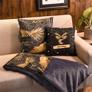 Surwin Flanelldecke Reisedecke Kissen Decke 2 in 1, Super Weich Luxuriös Flugzeugdecke, Reißverschluss Verwandlungskissen, Multifunktionale Wohndecke Sofakissen Zierkissen (150x200cm,Gold Blatt)
