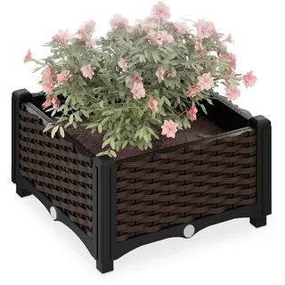 Relaxdays Pflanzkübel, Rattan-Optik, HBT: 23x40x40 cm, Garten, Balkon & Terrasse, Blumenkübel mit Wasserspeicher, braun