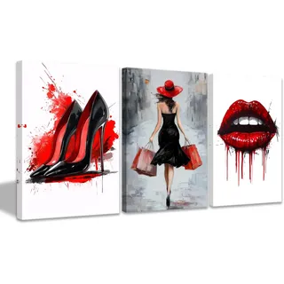 CCWACPP Modische Leinwandbilder für Frauen rot schwarz und weiß Wanddekoration High Heels Lippen Mädchen Wanddrucke 3 teiliges Set Mädchen Make up Ankleidezimmer Dekor mit Rahmen (30x40cmx3)