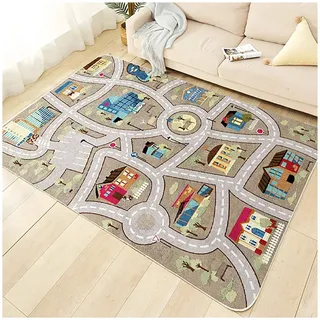 TYKTZXY Kinderteppich Spielen Teppich Straße Auto Tier Universum Blau Grün Grau(100×180cm,39×71inch)