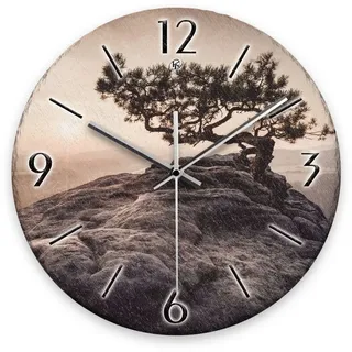 Kreative Feder Wanduhr Wanduhr „Einsamer Baum“ aus Stein (Keramik) in Schiefer-Optik (ohne Ticken; Funk- oder Quarzuhrwerk; ⌀ 30cm; außergewöhnlich) braun