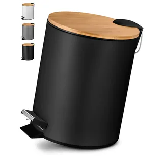 VMbathrooms 5L Kosmetikeimer in edlem schwarzem Design | Tretmülleimer mit Absenkautomatik (Soft Close) | Eleganter Eimer fürs Bad mit Innenbehälter und Bambus-Holzdeckel