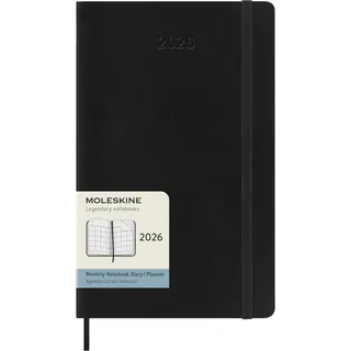 Moleskine Monatsplaner, Monatskalender 2026 12 Monate, Mit Weichem Einband und Elastischem Verschluss, Großformat 13x21, Farbe Schwarz