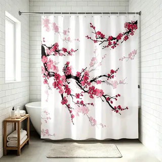 Dsnyu Duschvorhang 90x180 Weiss, Duschvorhang Blumenmuster Rosa Kirschblüten Japanisch Duschvorhänge Polyester Badevorhang für Badewanne Ecke