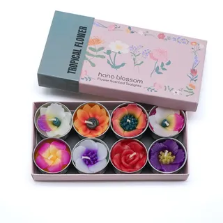 Hana Blossom Gemischt 8 handgemachte Fairtrade duftende Blumen Teelicht Kerze in sortierten Designs und Farben Geschenk-Set.