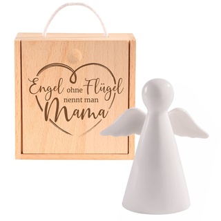 Casa Vivente Weißer Porzellan Schutzengel in Holzbox mit Gravur für Mama, Engelfigur als Glücksbringer, Deko Engel als Muttertagsgeschenk, Geburtstagsgeschenk für Mütter