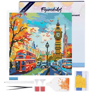 Figured'Art Mini Diamond Painting Erwachsene 25x25cm Mit Rahmen Ganze Leinwand gespannt Herbst in Londoner Stadt 5D Bilder Runde Steine - DIY Set Basteln