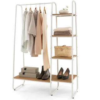 COSTWAY Kleiderständer aus Metall, freistehende Garderobe mit 4 Regalen, offenes Kleiderregal zum Aufhängen von Kleidung & zur Aufbewahrung, geeignet für Schlafzimmer Wohnzimmer Eingang (Natur)