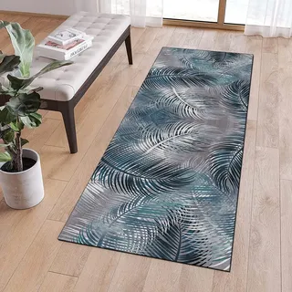 QQrunner Teppichläufer Flur rutschfest Küche 80x200cm Modern Blattmuster Blau Grau Teppich Läufer Flur Waschbar Meterware Lang Küchenteppich Schlafzimmer Korridor, Anpassbare Größe, 40-120cm Breit