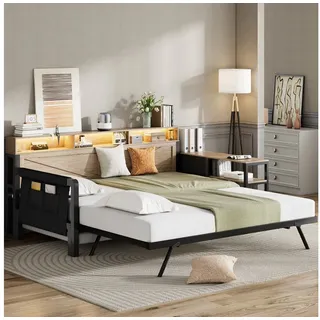 HAUSS SPOLE Daybed 90x200 Tagesbett Ausziehbett Metallbett 3 Schubladen LED mit Matratze (mit verstellbarem Ausziehbett und Stauraum schwarz), mit Ausziehbett