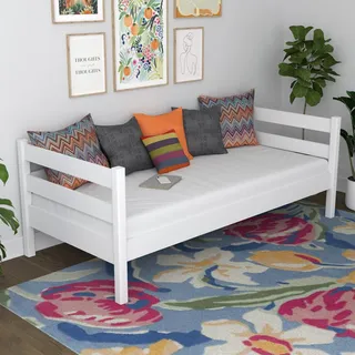 N-wood N01 Bett 120x180 cm aus Holz, Tagesbett, Bettgestel mit lattenrost, Einzelbett für Kinder, Jugendliche und Erwachsene, sichere abgerundete Kanten, Stabile Massivholzkonstruktion, Weiß