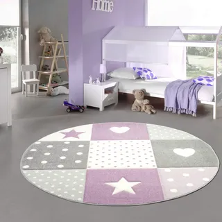 Teppich-Traum Kinderzimmer Teppich Spiel & Baby Teppich Herz Stern Punkte Design in Lila Grau Creme Größe 120 cm rund