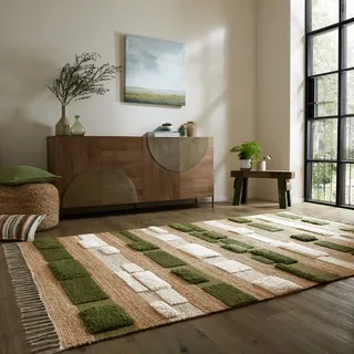Teppich FLAIR RUGS "Medina Blocks, mit abstrakten Linien", grün, B:120cm H:22mm L:170cm, Jute, Wolle, Teppiche, Teppich, aus Jute/-und Wollmischung, mit Hoch-Tief-Struktur, gemustert