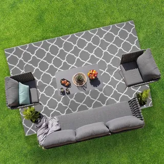 LifeGoods Outdoor Teppich - 183x290CM - Außenteppich - Gartenteppich - Balkonteppich - Wendbar - Inkl. Tragetasche - Mit Muster - Grau/Weiß - Grau/Weiß