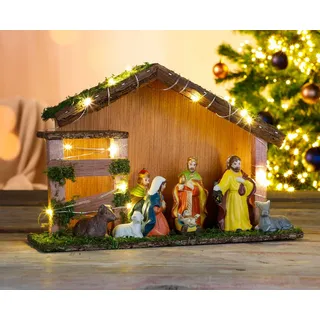 Spetebo Krippe Holz Weihnachtskrippe mit 9 Figuren - 20 LED (1-tlg), beleuchtet, handbemalt