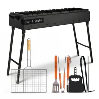 BIG-PAN Grillbesteck-Set Mangal Stahl 2 mm 90 cm für 14 Spieße Grillrost Edelstahl Zubehör, (Holzkohlegrill BBQ für Spieße oder Grillrost Schaschlik Shashlychnik), Grillrost Edelstahl Holzgriff, Grillbesteck, Grillfächer schwarz