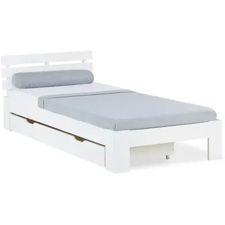 Homestyle4u Holzbett 90 x 200 cm mit Lattenrost und Bettkasten in Weiß 2291