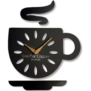 FLEXISTYLE Wanduhr in Kaffeetassen Form aus Holz, MORGENZAUBER Wanduhren für Küche und Esszimmer, im Kaffee Design für Moderne Einrichtung, küchenuhr ohne tickgeräusche schwarz