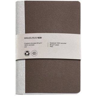 Miquelrius - Recycling-Notizbuch, Bindung mit Klammer und Stoffrücken, Größe 152 x 210 mm, 56 glatte Seiten 80 g/m2, braunes Design