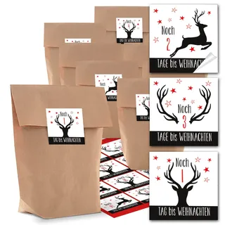 Logbuch-Verlag Adventskalender Bastel-Set 24 braune Papiertüten 16,5 x 26 x 6,6 cm + Adventskalenderzahlen Aufkleber schwarz weiß