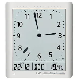 AMS. Wanduhr 5898, Funk, Silber, analog / digital, auch als Tischuhr verwendbar