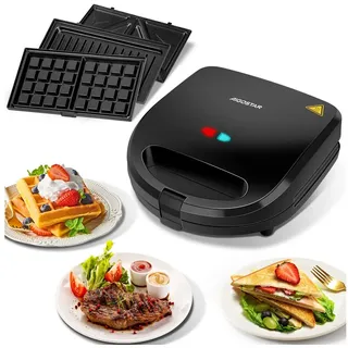 Aigostar 3-in-1-Kombi-Waffeleisen 750 W Sandwichmaker, 3 Austauschbare Platten, Beidseitiges Grillen, 750,00 W, Antihaftbeschichtet, Automatisches Thermostat, Wärmeisolierender Griff schwarz