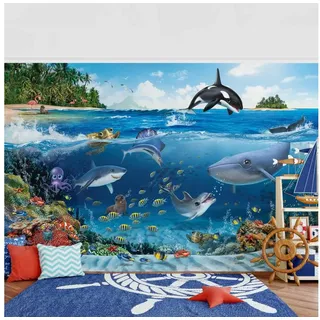 Bilderdepot24 Kindertapete Kinderzimmer Unterwasserwelt Tiere Fische Wanddeko Wal Hai Delphin, Glatt, Matt, (Vliestapete inkl. Kleister oder selbstklebend), Mädchenzimmer Jungenzimmer Babyzimmer Bildtapete Fototapete Wandtapete blau 2.88 m x 1.9 m