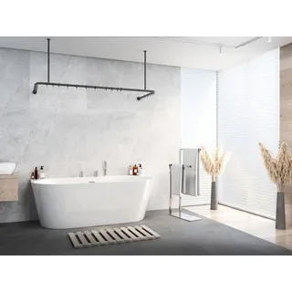 Alu Duschvorhangstange Schwarz 70x165x70 cm barrierefrei passend Für Badewanne, U-Form, Inkl. Deckenhalterungen, Inkl. Ringe - Weiß