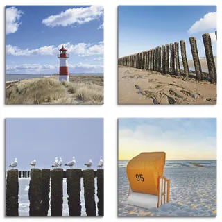ARTLAND Wanddeko Strandbilder Leinwand Bilder Set 4 tlg. je 40x40 cm Quadratisch Wandbilder Landschaft Strand Leuchtturm Sylt Vogel Möve Strandkorb K2YI