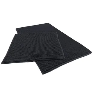 heimtexland Badematte Badvorleger Chenille Badteppich Duschvorleger, rutschhemmend beschichtet, Fußbodenheizung geeignet, schnell trocknend, strapazierfähig, fußbodenheizungsgeeignet, rutschfest, saugstark, Polyester, rechteckig, Set 45x50 / 50x80 cm, Hochflor, super weich, extrem saugfähig, Maschinenwäsche schwarz Set 45x50 / 50x80 cm