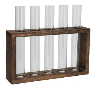 Röhrenförmige Pflanzenvase, Handgefertigte Reagenzglasvase Aus Kiefernholz In Hochwertigem Borosilikatglas Zur Heimdekoration (retro-gestell + 5 Flaschen).