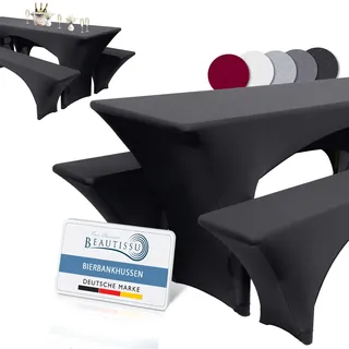 Beautissu Edles Stretchhussen Set 3tlg. Biertischhussen Elastisch | 220x50cm Schwarz festliche Husse Biertisch + 2 Bierbank Bierzeltgarnitur Bezug Tischhusse elastisch Victoria