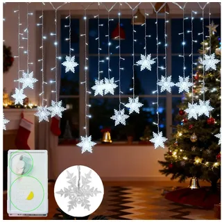 Qualra Lichtervorhang 96LEDs Schneeflocke Lichtervorhang Weihnachtsbeleuchtung Fensterdeko, 8 Modi Innen Weihnachten Fenster Lichterkette weiß