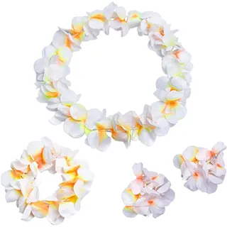 4Pcs Blumenkette Deko Blumen Hawaii Ketten Blumen Mit Armband Halskette Stirnband Blumengirlande für Hawaii Strandpartys Birthday Party Carnival (weiß)