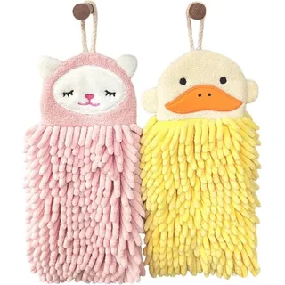 2er-Pack Kinderhandtücher – Chenille-Badetuch mit Aufhängeschlaufe – saugfähiges, schnelltrocknendes Handtuch mit Tiermuster für Badezimmer und Küche