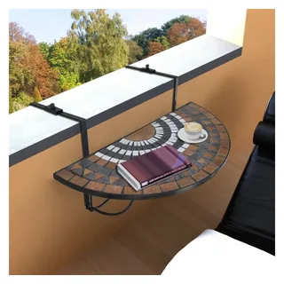 furnicato Gartentisch Halbrunder Balkontisch 76x56x64 cm mit Terrakotta, Weiß und Schwarz (1-St), Klappbarer Outdoor-Tisch mit pflegeleichtem Keramik-Mosaik-Design braun 56 cm x 64 cm x 76 cm
