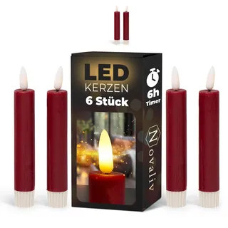 Novaliv Stabkerzen LED mit Timer ROT 6 Stück Indoor 6 Stunden ECHTWACHS 15cm Höhe für Kerzen 2,2cm Durchmesser 2 AAA Batterien notwendig LED Stabkerzen 4er Set 2X bewegliche Flamme Licht