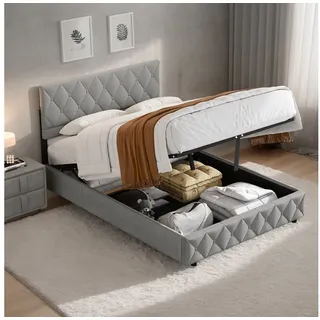 OKWISH Polsterbett Stauraumbett Funktionsbett (Ausgezeichnete Atmungsaktivität, 160 x 200 cm mit Lattenrost ohne Matratze), Strapazierfähig und schmutzabweisend,elastische Polsterung grau