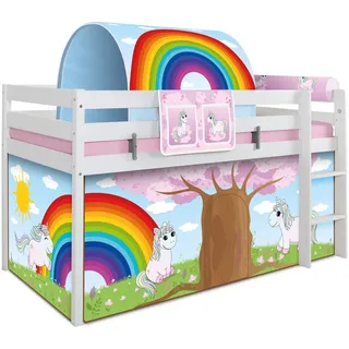 TICAA Hochbett Einhorn Rainbow 90 x 200 cm Kiefer massiv weiß