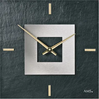 Wanduhr AMS "W9525", silber (schwarz, silberfarben), Wanduhren, B/H/L: 30cm, Wanduhr, Made in Germany,Schiefer,Wohnzimmer,Esszimmer,Küche,Arbeitszimmer
