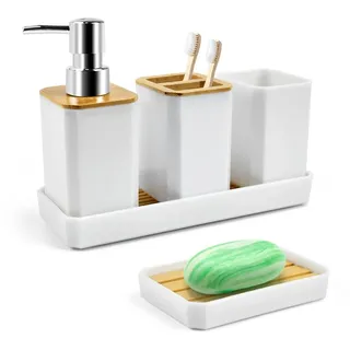 Coonoor Badaccessoire-Set Badezimmer Set 5 Teile, Bambus und PS Zahnbürstenhalter, Zahnputzbecher, Seifenspender, Seifenschale Schminktablett Dekorative weiß